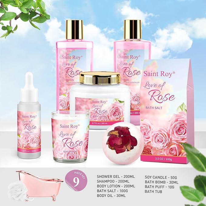 Mother's Day Gifts for Mom bath Gifts for Her Rose scents Mother Gift Bath Set for Women, Luxury Home Spa Kit Rose Bath Gift Basket, Includes Scents Lotion, Bath Bomb, Spa salts, Christmas Gift