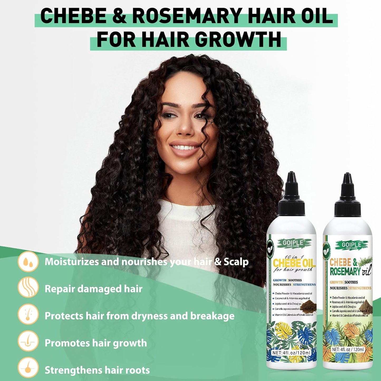 Chebe & Rosemary Hair Oil for Growth, 10 in 1 Moisturizer for Scalp, African Powder for Stronger, Longer Hair, Natural Oil for All Hair Types (2PCS)