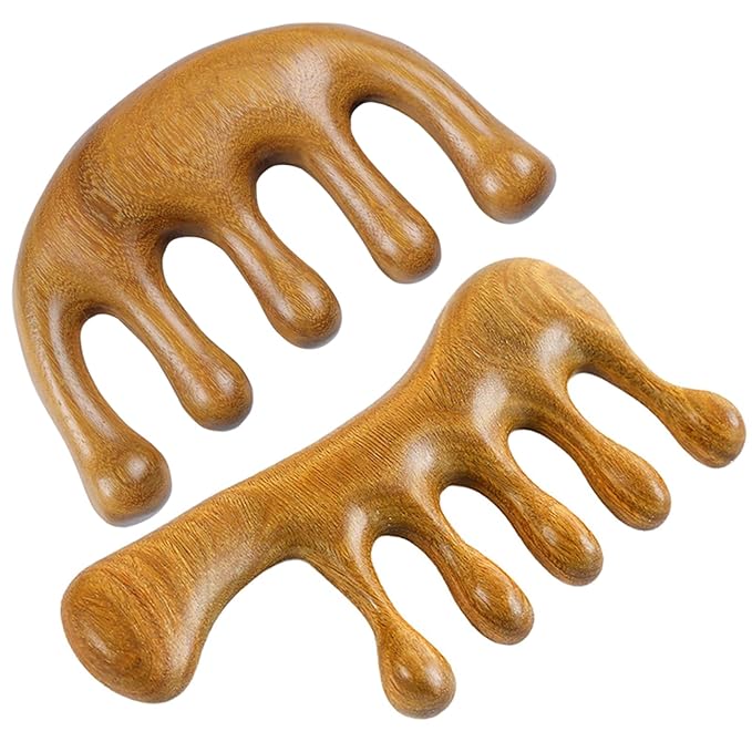Wooden Massage Comb Scalp Massager - 2 Pack Sandalwood Loc Wide Tooth Detangler for Wet or Dry Hair - Manual Wood Massage Tools for Head Neck Back Hand - Hair Care Gift for Women