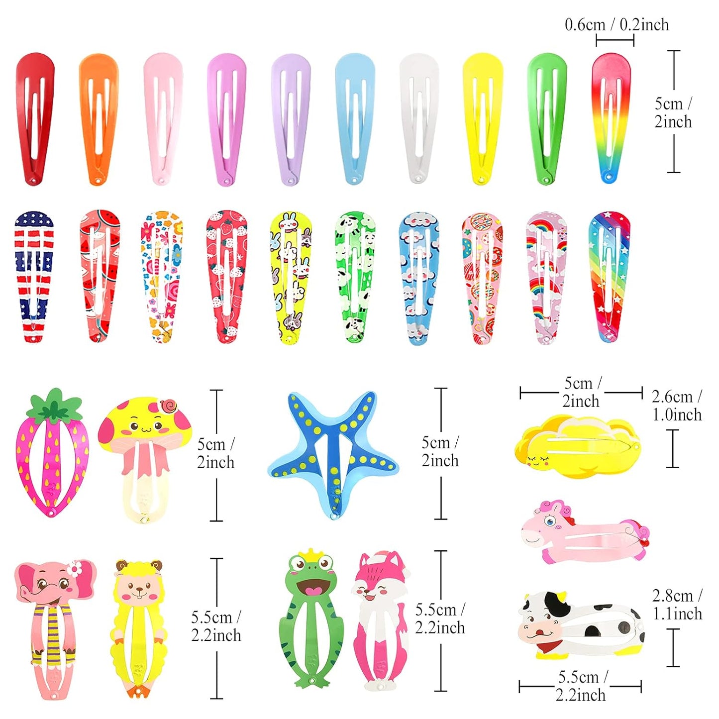 Hair Clips, Funtopia 100 Pcs Cute Snap Clips Barrettes for Women Teens Girls Kids, Colorful No Slips Metal Fruit Animal Hair Clips for Birthday Party Christmas Gift