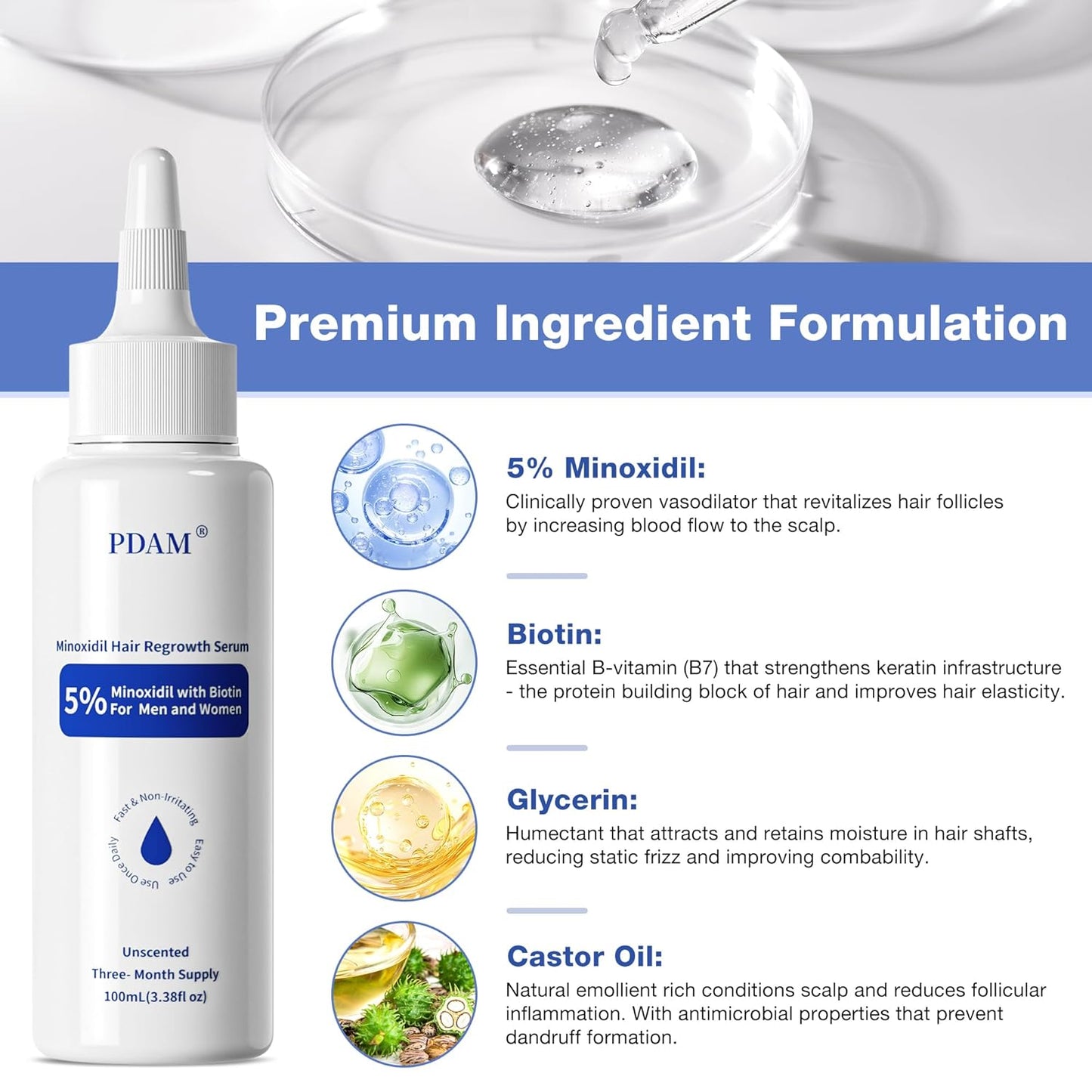 5% Minoxidil with Biotin Hair Growth Serum for Men & Women – Thicker & Healthier Hair, Topical Minoxidil to Restore Fuller Beard, 200ml (100ml×2) with Extra 80ml Volume