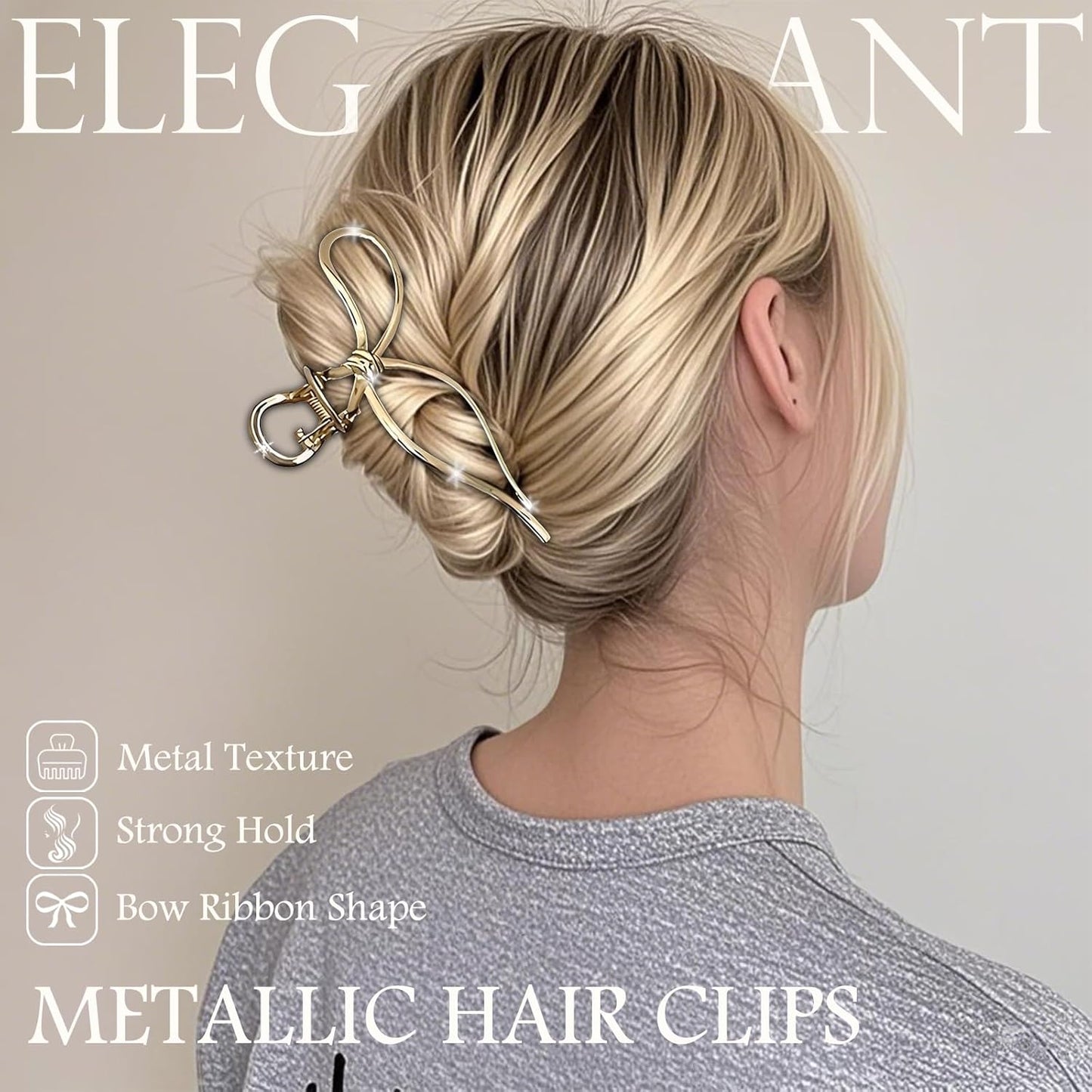 Metallic Bow Hair Clips (2 Pack), Medium Metal Hair Claws, Gold & Silver Alloy Elegant Hair Clamps Y2K Stylish Hair Accessories for Thick and Thin Hair