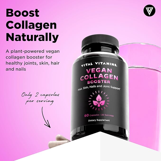 Vital Vitamins Vegan Collagen Booster - Plant-Based Collagen Supplements - Supports Hair, Skin, Nails & Joints - with Hyaluronic Acid - 60 Capsules