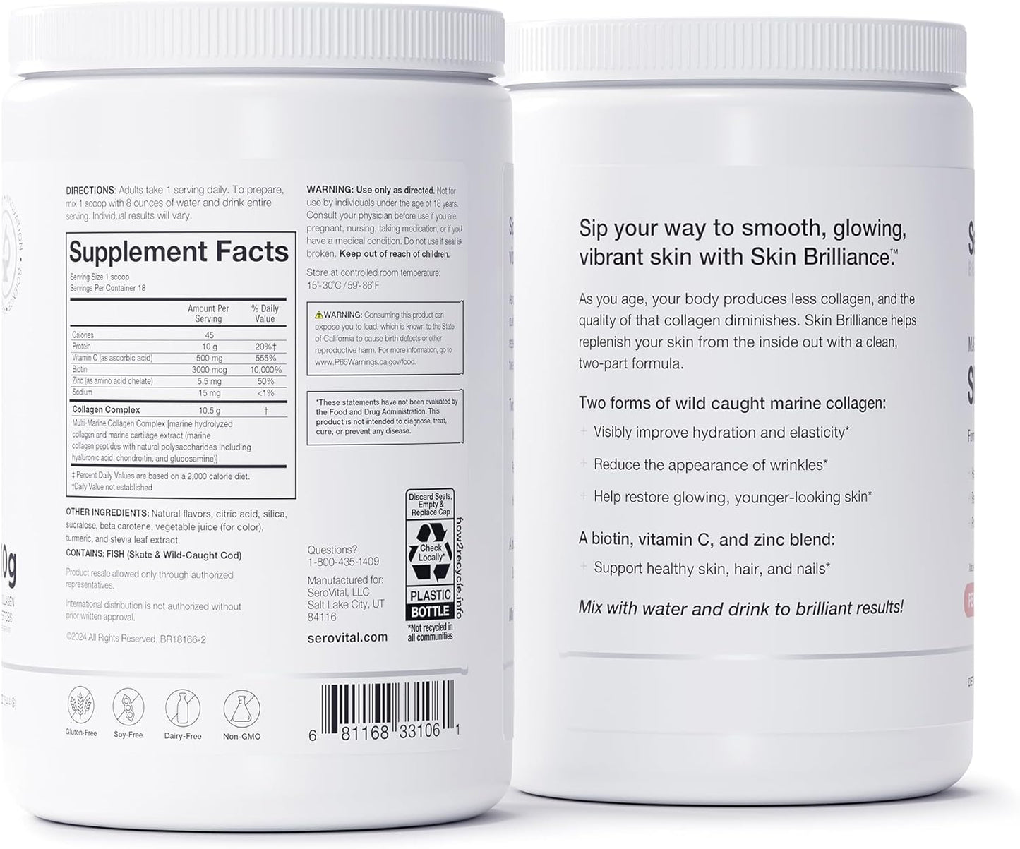 Serovital Skin Brilliance - Marine Collagen Peptides Powder - Hydrolyzed Type I & II Fish Collagen - Skin, Hair & Nails – 8.97 oz