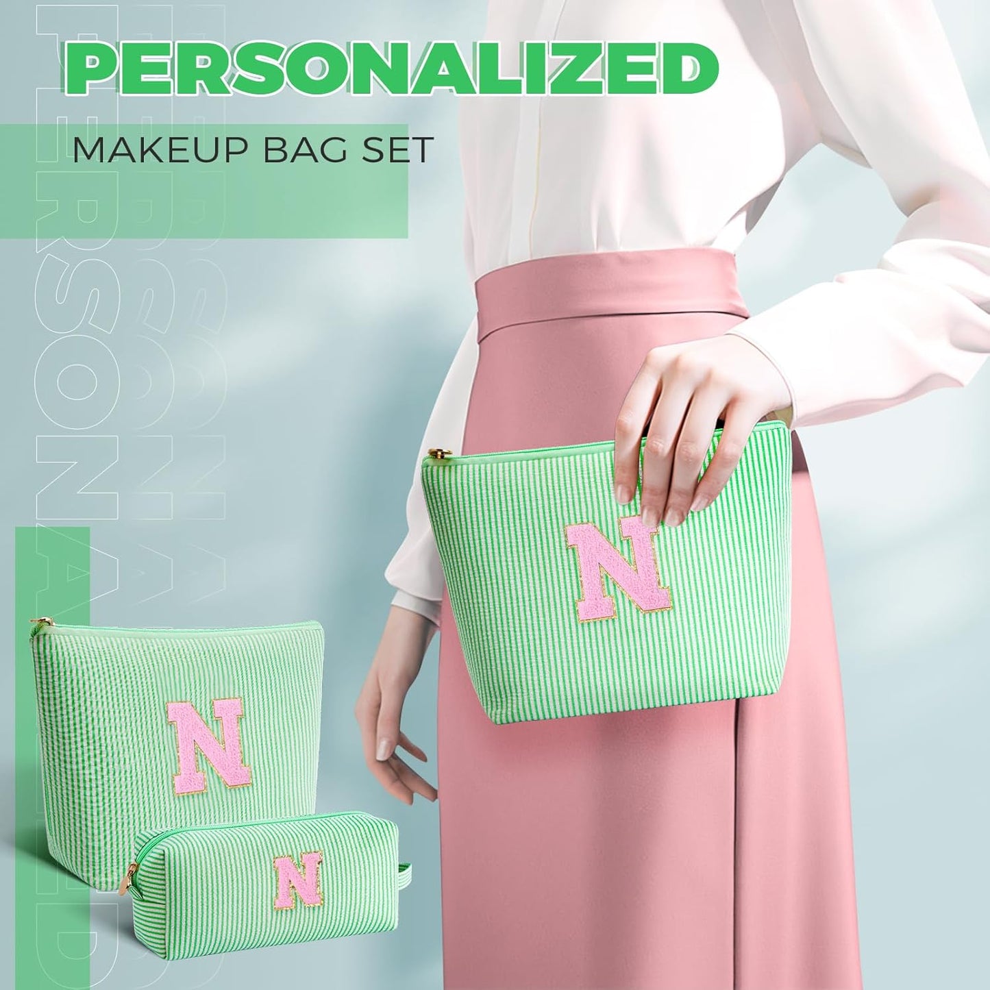 Personalized Makeup Bag for Women Girls - Fashion Cosmetic Bag Trendy Travel Toiletry Bag with Initials Letter - Teen Gifts - Green,N