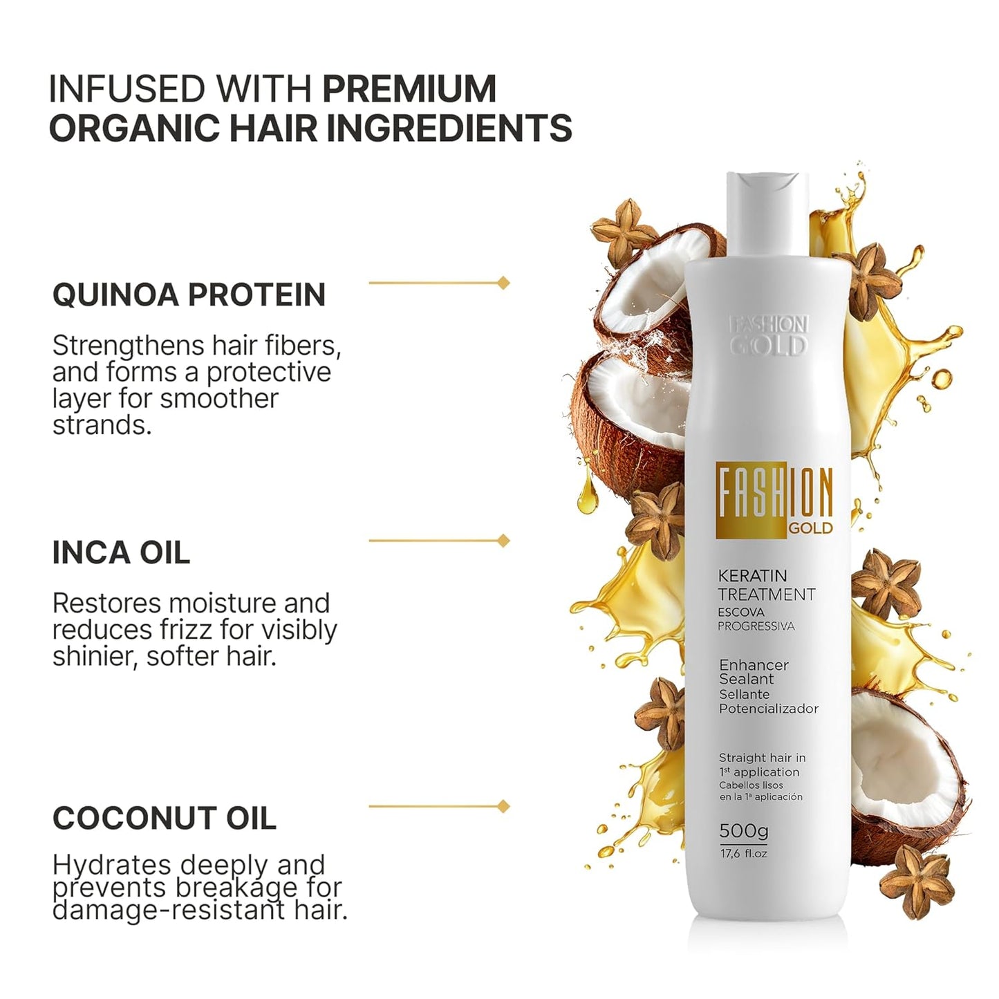 FASHION GOLD Keratin Hair Treatment (10 USES per Bottle), Keratina para Alisar el Pelo, Hair Botox Treatment, At Home Keratin Treatment, Alisados Organicos SIN FORMOL, Verdadera Keratina Brasileña