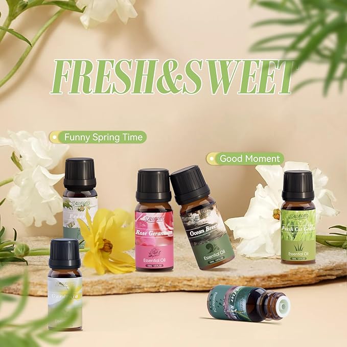 SALUBRITO Spring Fragrance Oils Set, Premium Essential Oils for Diffuser, Candle, Soap Making, After Rain, Gardenia, Fresh Cut Grass, Ocean Breeze, Freesia, Rose Geranium, Strong Scented Oils