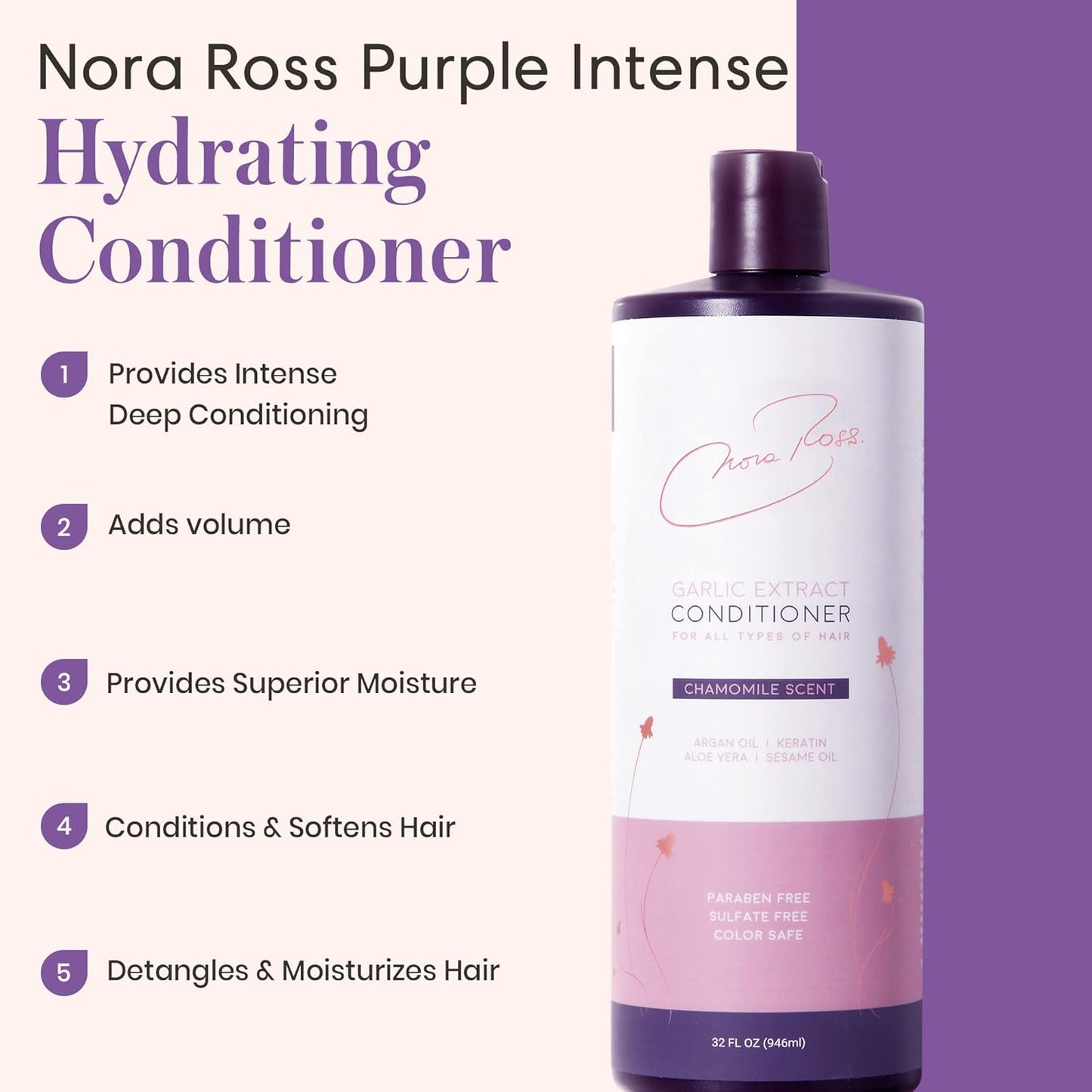 Nora Ross Garlic Extract Daily Moisturizing Conditioner with Argan Oil, Aloe & Chamomile Scent – Deep Conditioning for Smooth, Shiny Hair – Sulfate Free, Color Safe Formula for Women and Men – 32oz