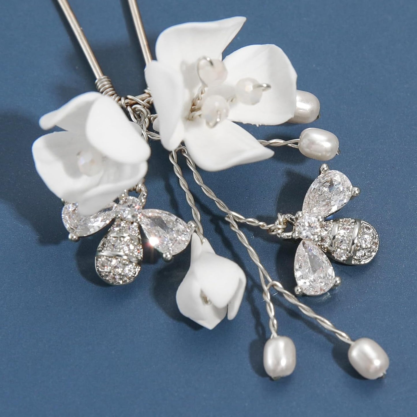 Handmade Bridal Wedding Hair Pins 5Pcs White Flower Zircon Pearl Hair Clips Silver Bridal Hair Accessories for Women Girls Brides Bridesmaid