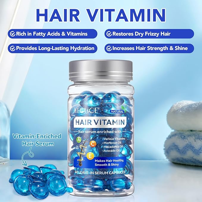 Hair Treatment Serum Hair Vitamin Capsules 60Pcs, with Vitamin A C E Pro B5, No Rinse with Argan Macadamia/Avocado Oil for Hair Repair, Smooth & Anti Frizzy (blue, 40)