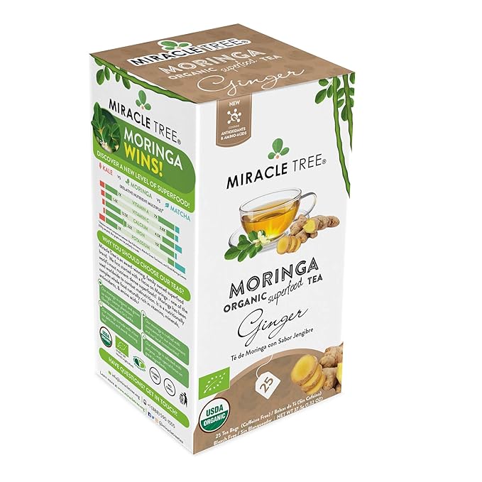 Miracle Tree - 12 Count of Organic Moringa Superfood Tea, 25 Individually Sealed Tea Bags, Ginger (Keto, Detox, Energy/Immunity Booster, Vegan, Gluten-Free, Organic, Non-GMO, Caffeine-Free)