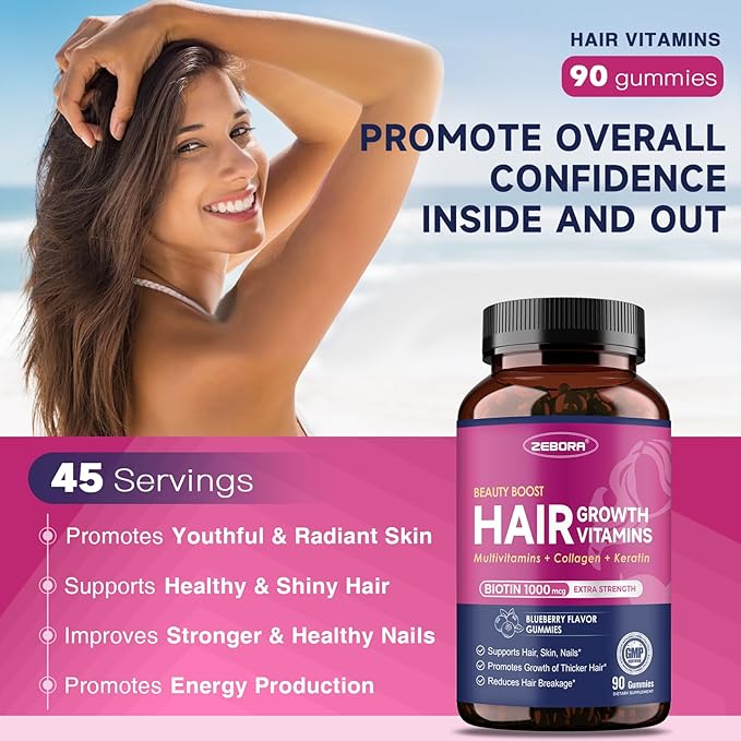 Biotin Gummies for Hair Skin and Nails -Hair Vitamins with Biotin, Zinc, Vitamin A, B6, B12, D3 & More - Support Healthy Skin, Hair Growth, Stronger Nails for Women and Men - 90 Blueberry Gummies