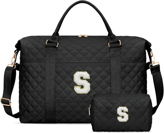Gifts for Teen Girl, Initial Travel Duffle Bag, Personalized Women Weekender Overnight Bags, Gift for Daughter Kid Girl Wife Friend（Black,S)