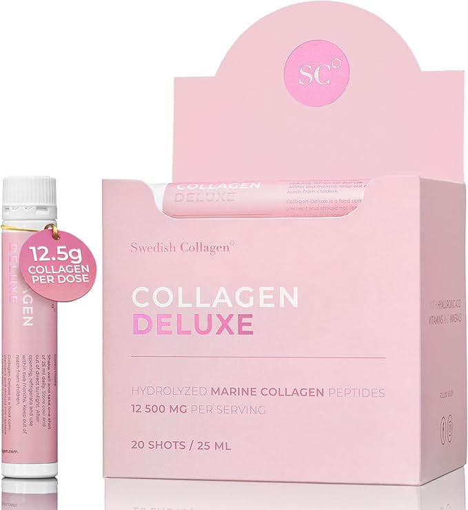 Swedish Collagen Deluxe | 12,500 mg Hydrolyzed Marine Collagen Liquid Supplement - 20 x 25 ml Daily Shots | Hyaluronic Acid, Biotin and Vitamin C for Healthy Hair, Skin, Nails and Joints | Sugar-Free