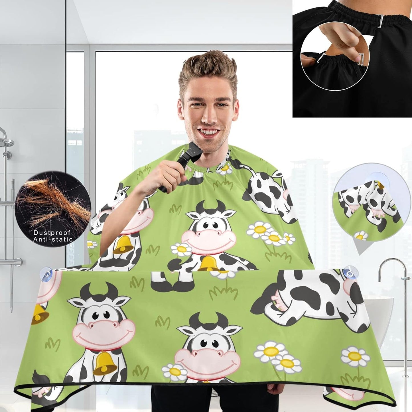 visesunny Barber Cape Funny Cartoon Cow Polyester Hair Cutting Salon Cape Apron Anti-Static Haircut Water-Resistant Shaving Cloth Beard Shaving Bib Hairdressing Cape