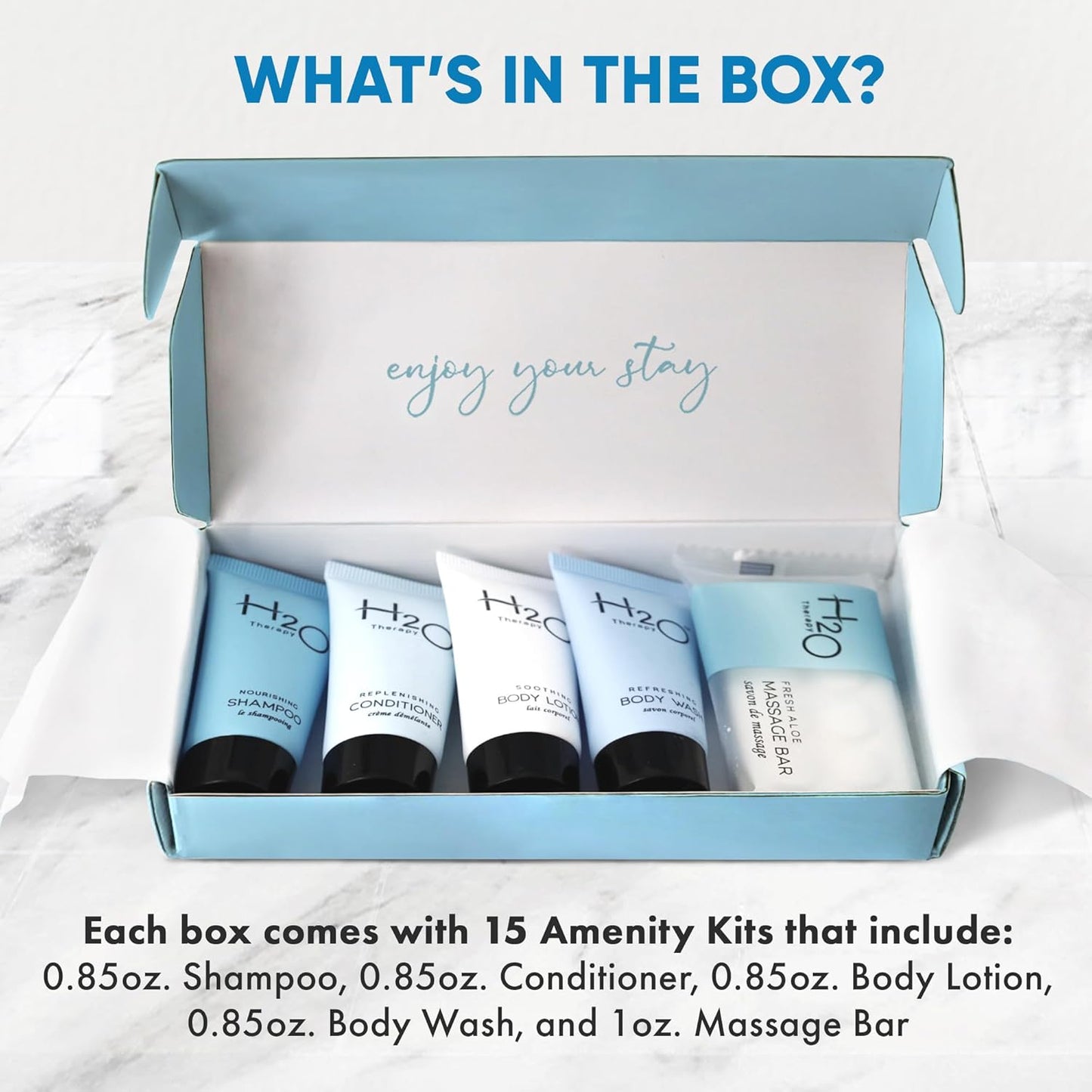 H2O Therapy Amenity Kit | Hotel Bulk Toiletries | 0.85 oz Shampoo, Conditioner, Lotion, Body Wash, Body Bar Soap for Guest Hospitality Vacation Rentals | 15 Sets/Case