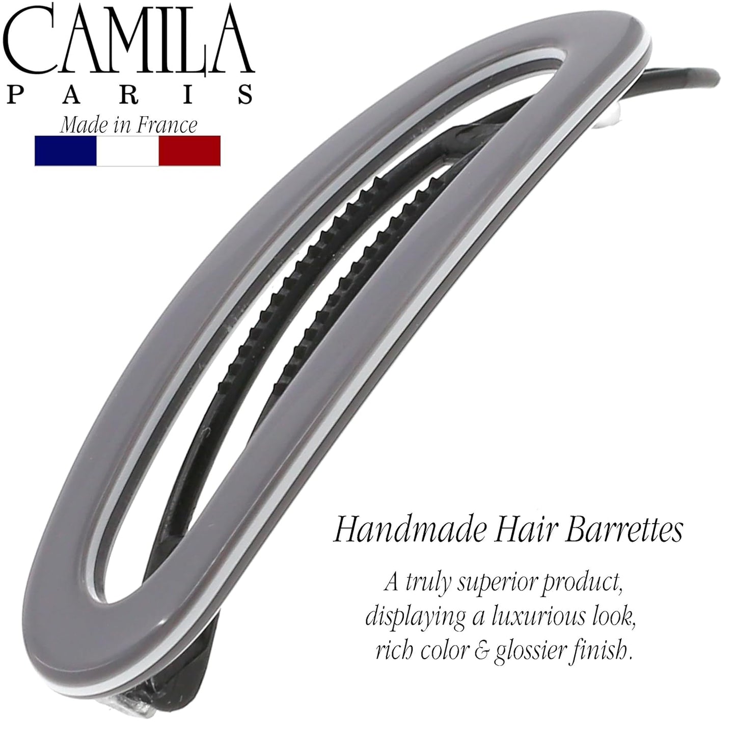 Camila Paris CP3366 French Hair Barrette Clip for Women, Handmade Gray White, Slide-in Metal-Free Closure, Strong Hold Grip Hair Clips for Girls, No Slip Durable Hair Accessories, Made in France