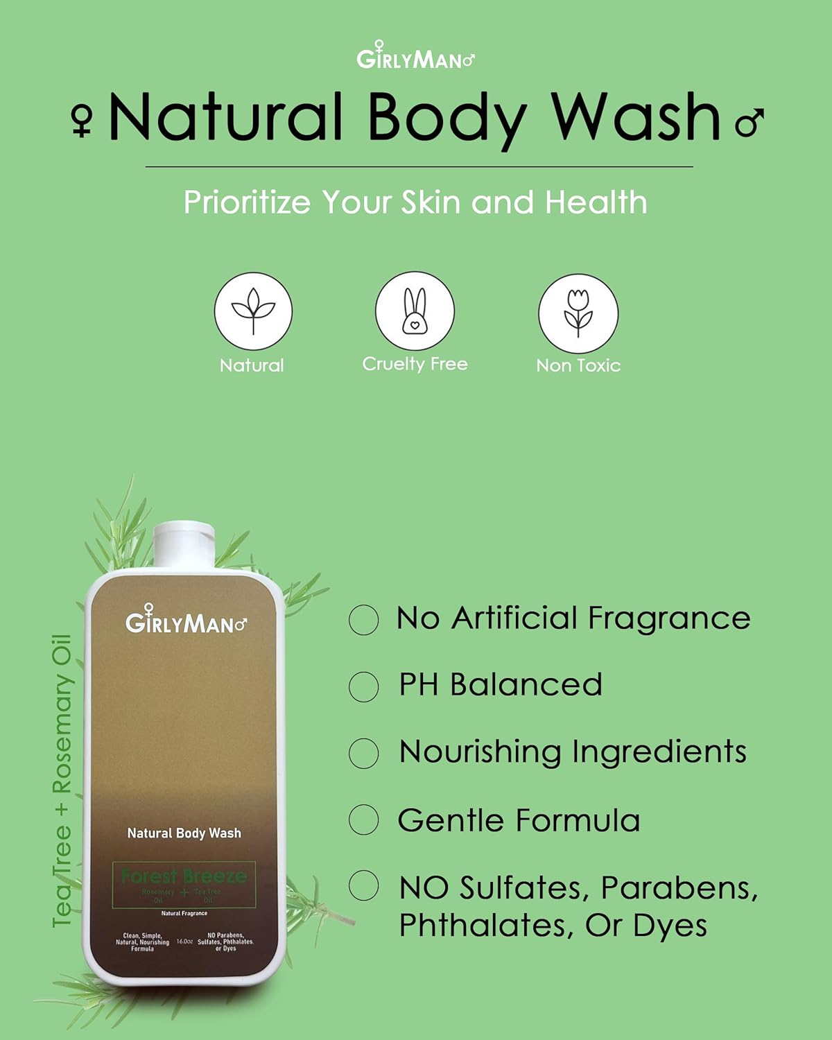 GirlyMan Natural Body Wash - Made with Olive Oil & Aloe Extract, No Artificial Fragrance, PH Balanced, Gentle Formula, Nourishing Ingredients, Family Owned (Rosemary Tea Tree)
