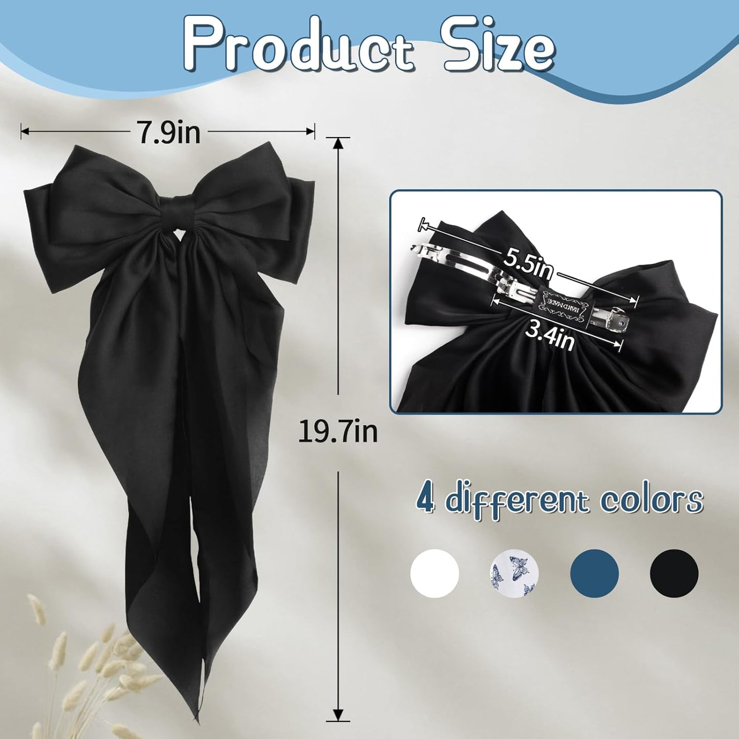 Silky Satin Hair Bows for Women Girls - 4PCS Ribbon Bows for Hair, Big Bow Hair Clips with Long Tail, Barrettes - Cute Hair Accessories Gifts (Black, Navy, Butterfly, White)