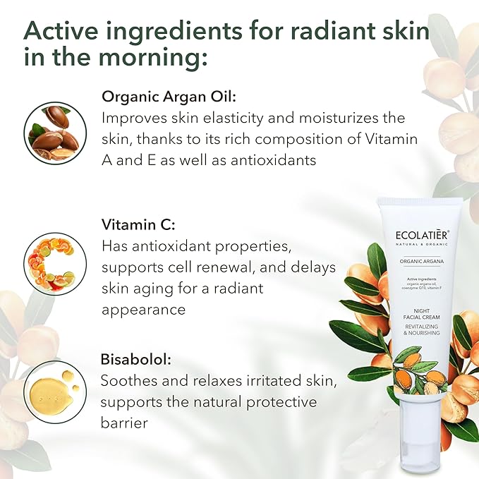 Facial Cleansing Milk, Tonic & Night Cream Bundle - Organic Argana Oil, Revitalizing, Nourishing, Anti-Aging, Hydrating, Vitamin E & C, Collagen Boost, Firming