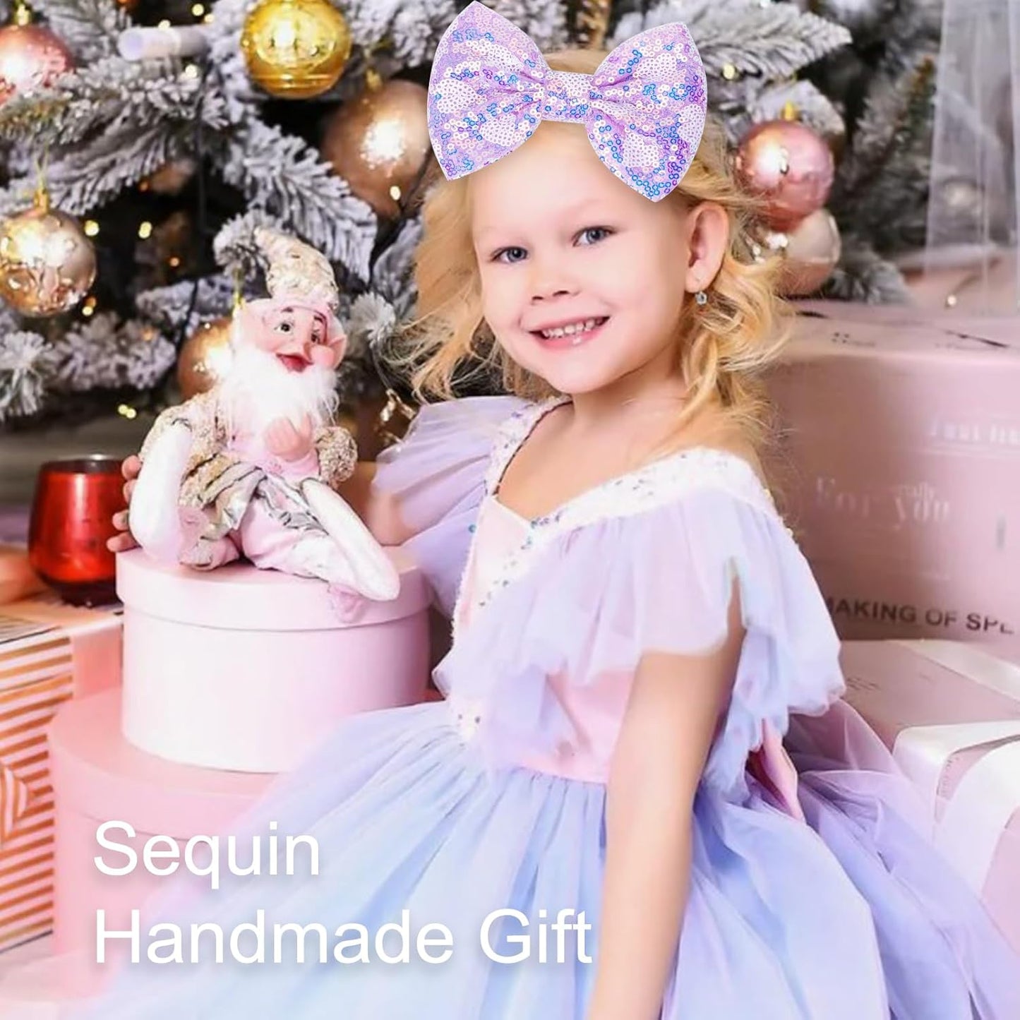 Large Big Sparkling 5 Inch Glitter Heart Hair Bows Clips Sequin Bow Alligator Clips Hair Accessories for Girls, Teens, Toddlers（Light Purple）