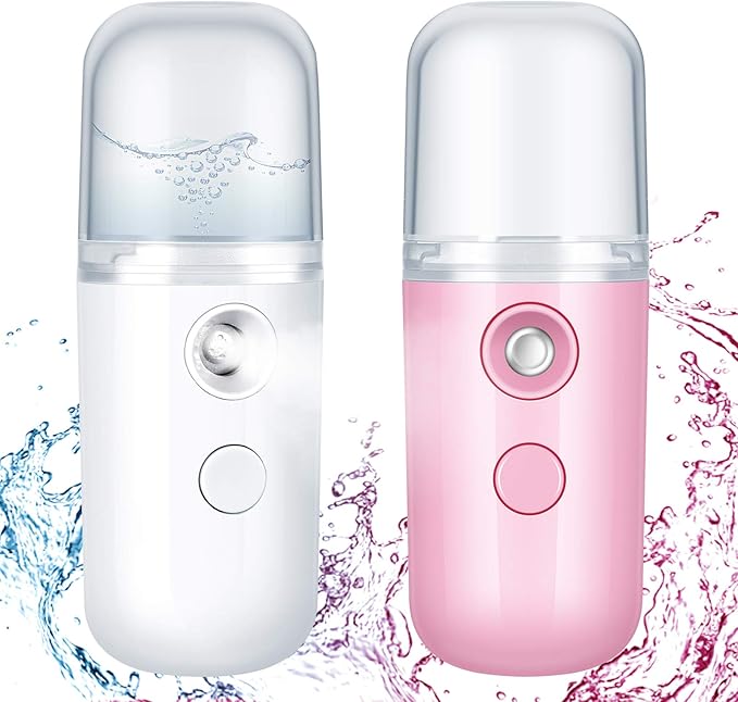 Honoson 2 Pieces Nano Facial Mister 30 ml Mini Face Humidifier Portable Facial Sprayer USB Rechargeable Handy Skin Care Machine for Face Hydrating, Daily Makeup (Dark Pink and White)
