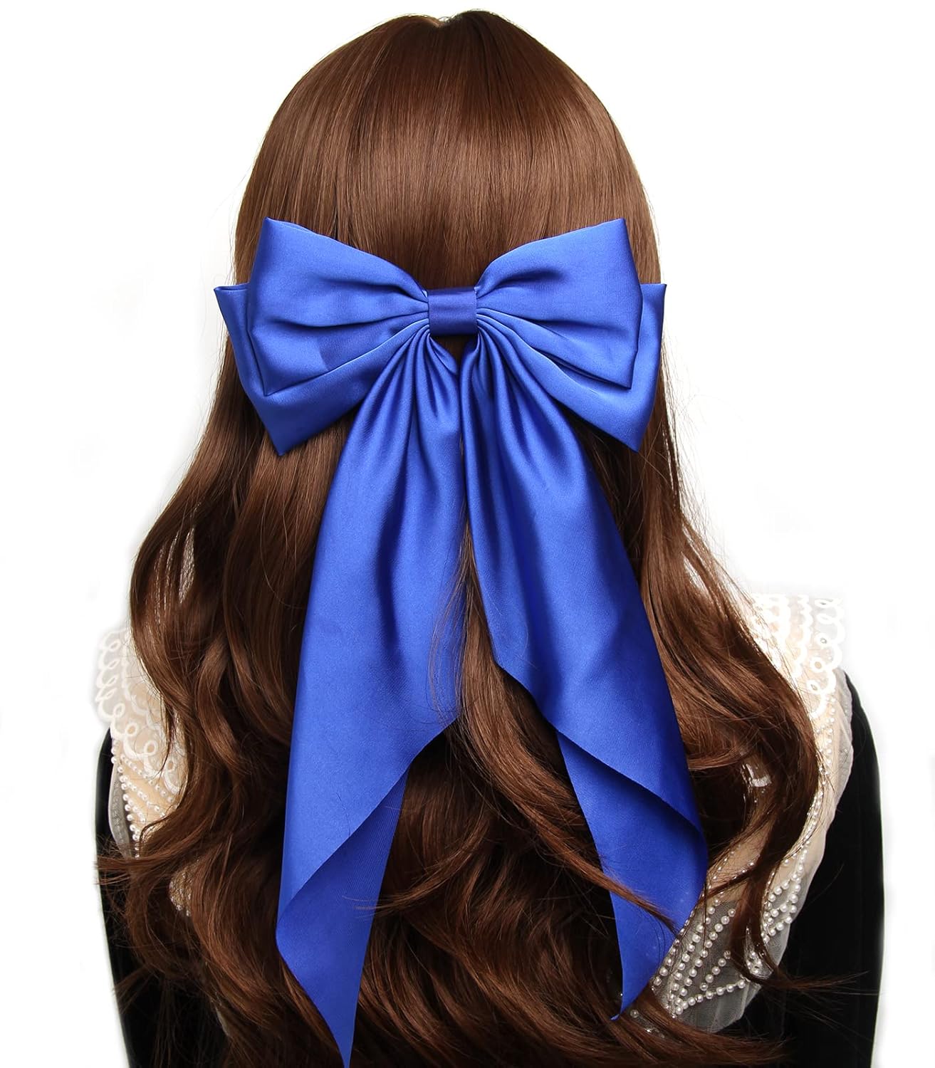 SUSULU Purple Hair Bows for Women, Big Royal Blue Bows for Hair, Metal Clips French Barrette with Long Tail Satin Ribbon Scrunchies Ponytail Hair Accessories 2pcs
