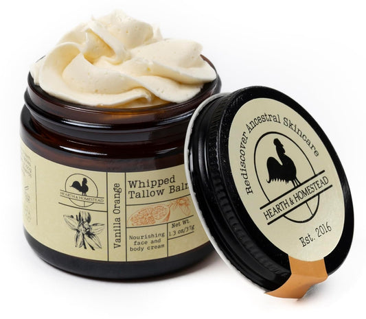 Hearth and Homestead: Handmade Whipped Tallow Balm (Vanilla Orange) - Organic Body Butter with Infused Olive Oil, for Eczema, Rosacea, Baby - 1.3 oz