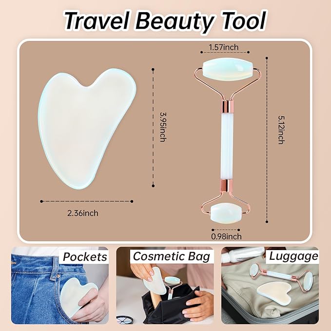 Opal Gua Sha and Face Roller, Real Jade Gua-Sha Stone Facial Tools Set for Reduce Puffiness, Body Guasha Tool for Relieve Neck Tension, SinkCare Beauty Massager as Present for Women,Opal
