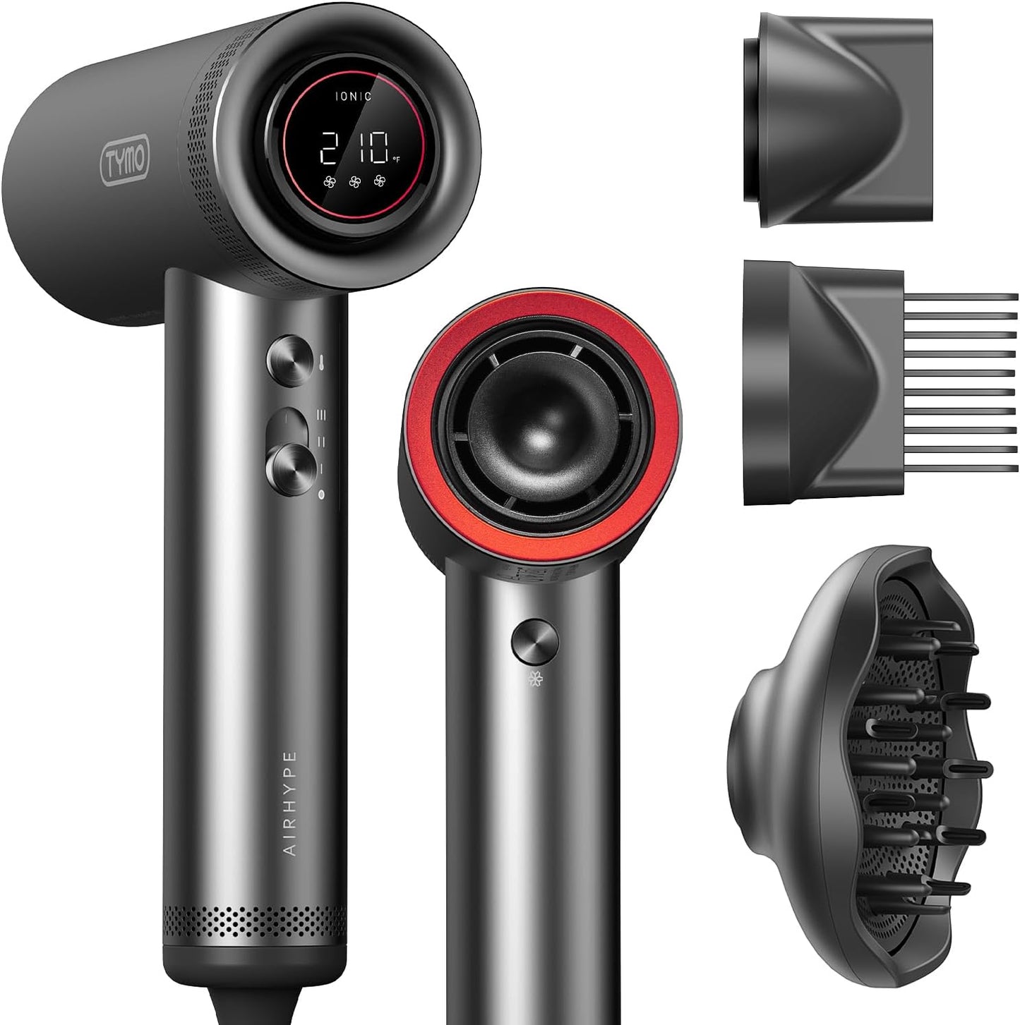 TYMO Hair Dryer with Diffuser for Women - 1500W Professional High Speed Blow Dryer with Comb, 110,000RPM Fast Dry, 200 Million Ionic Hairdryer, 4 Temps & 3 Speeds, 8 Ft Cord for Salon, Metal Gray