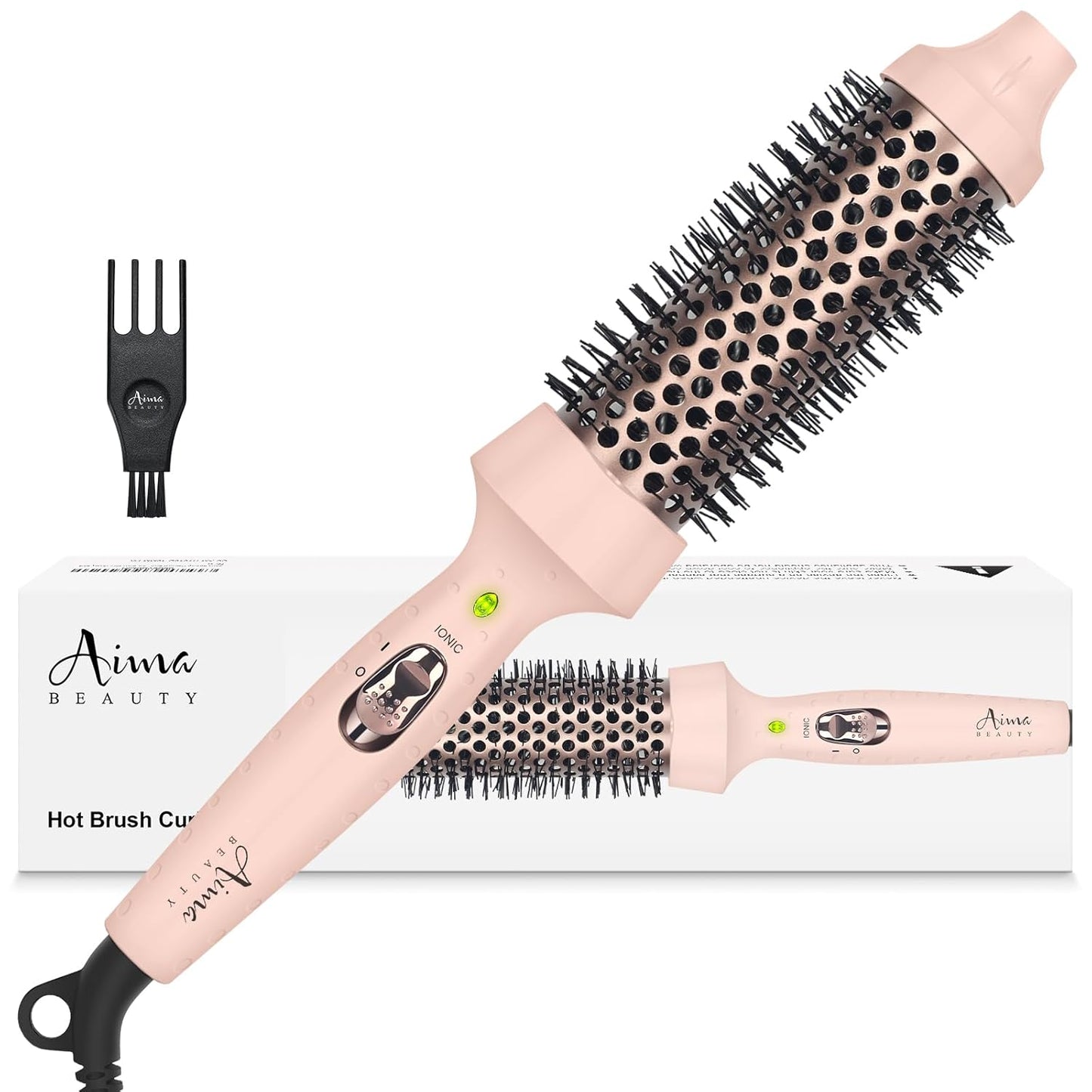 Aima Beauty Hair Curling Iron Brush, 1.5" 40mm Ceramic Hot Brush with Ion Technology for Root Volume and Quick Curls - Dual Voltage & 60Mins Auto-Off, Pink