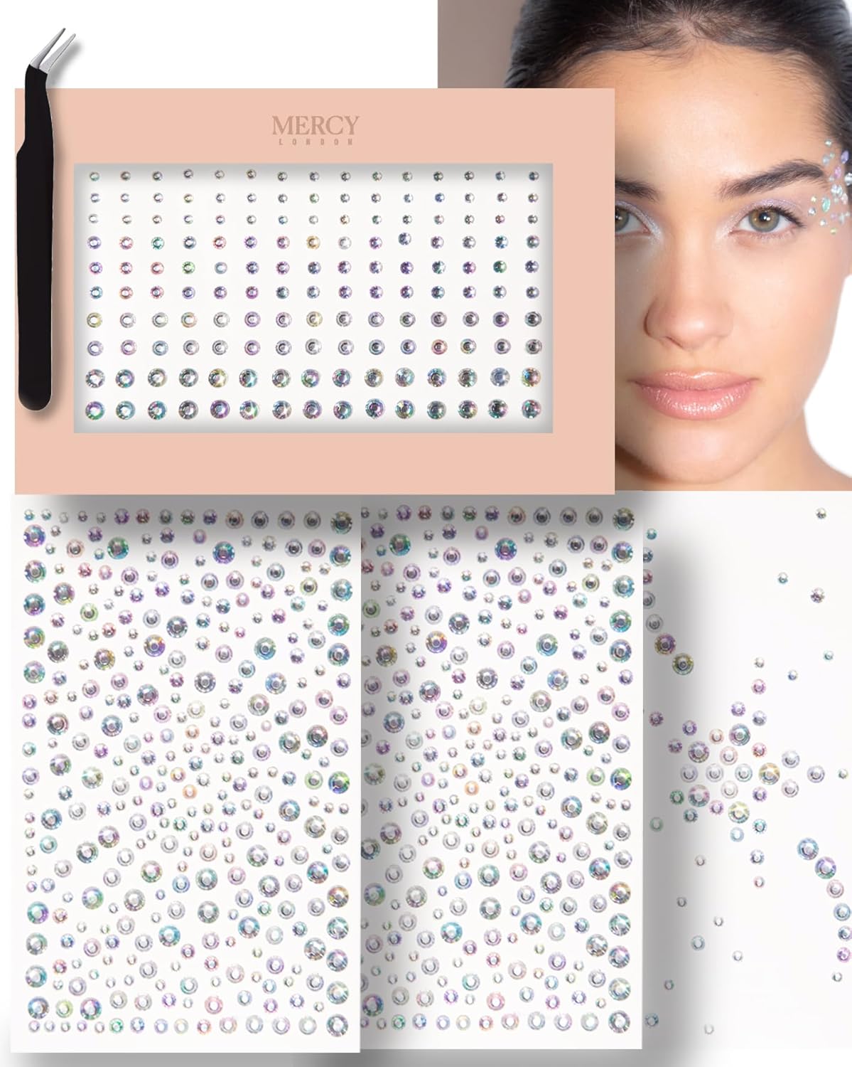 MERCY LONDON Face Gems in Iridescent, 866 Face Gem Stickers, Self Adhesive 4 Sheets with Various Sizes, for Makeup, Eyes, DIY Face Gems