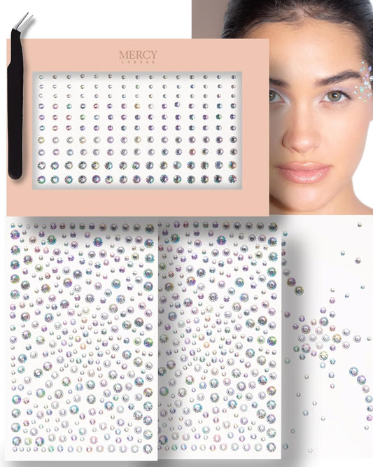MERCY LONDON Face Gems in Iridescent, 866 Face Gem Stickers, Self Adhesive 4 Sheets with Various Sizes, for Makeup, Eyes, DIY Face Gems