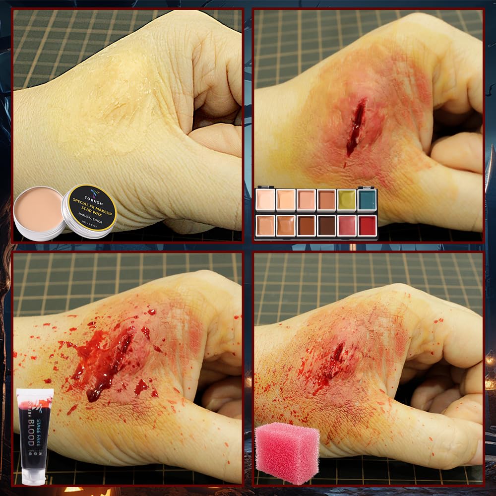 Halloween Makeup Special Effects SFX Makeup Kit 12 Colors FX Palette Face Body Painting with Fake Blood,Scar Wax,Spirit Gum,Castor Sealerm,Extension Oil,for Clown makeup,Zombie