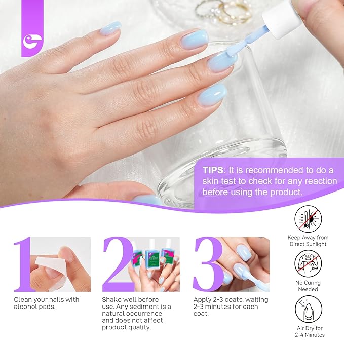Nail Polish Strengthener and Growth Treatment: Azure Blue 15ml Gelike EC 6 in 1 Natural Nail Strengthener for Damaged Nails - Long Lasting Nail Hardener and Strengthener - For Daily Home Salon