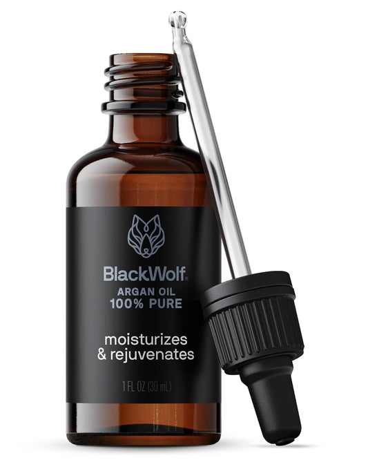 Black Wolf 100% Pure Argan Oil - Moisturizing & Rejuvenating Cold-Pressed Argan Oil for Hair, Face & Skin - Hydrating, Non-Greasy & Lightweight - Suitable for All Hair Types - 1 Fl Oz