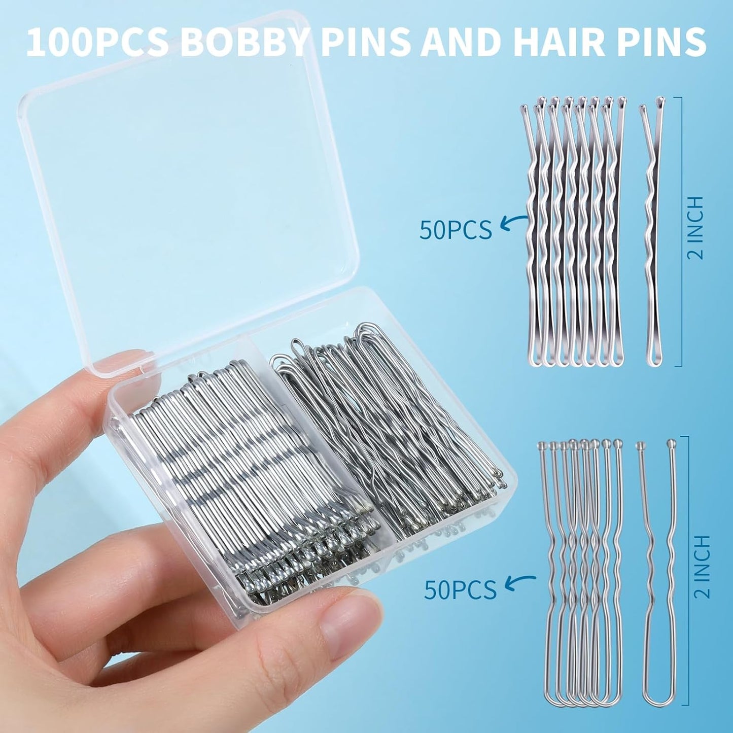 Teenitor Silver Bobby Pins for Gray Hair, Silver Hair Pins, 100Pcs Grey Bobby Pins for Gray Hair 2inch
