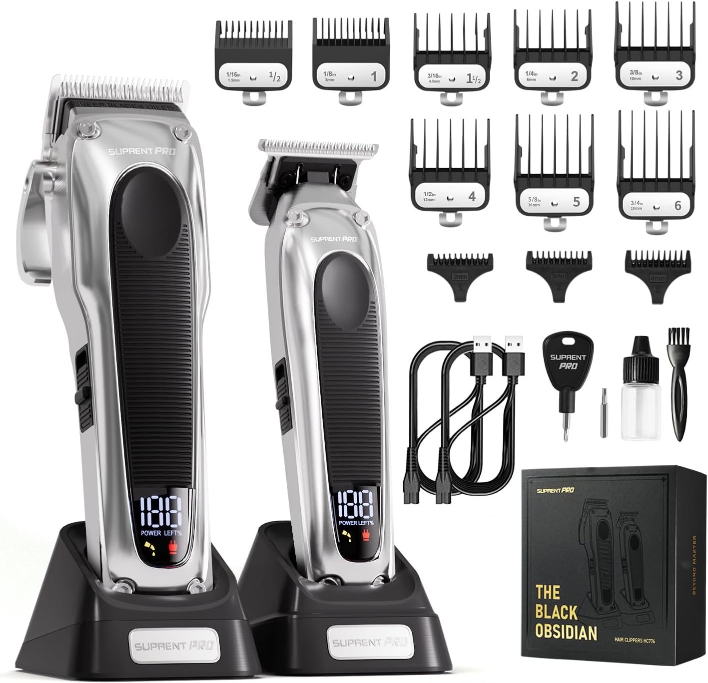 SUPRENT PRO Professional Hair Clippers for Men - High Torque Brushless Motor & Detachable Blade - Cordless Hair Trimmer Set for Barbers with Charging Base - Premium Hair Clipper Kit - Silver