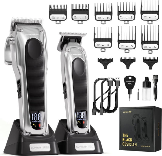 SUPRENT PRO Professional Hair Clippers for Men - High Torque Brushless Motor & Detachable Blade - Cordless Hair Trimmer Set for Barbers with Charging Base - Premium Hair Clipper Kit - Silver