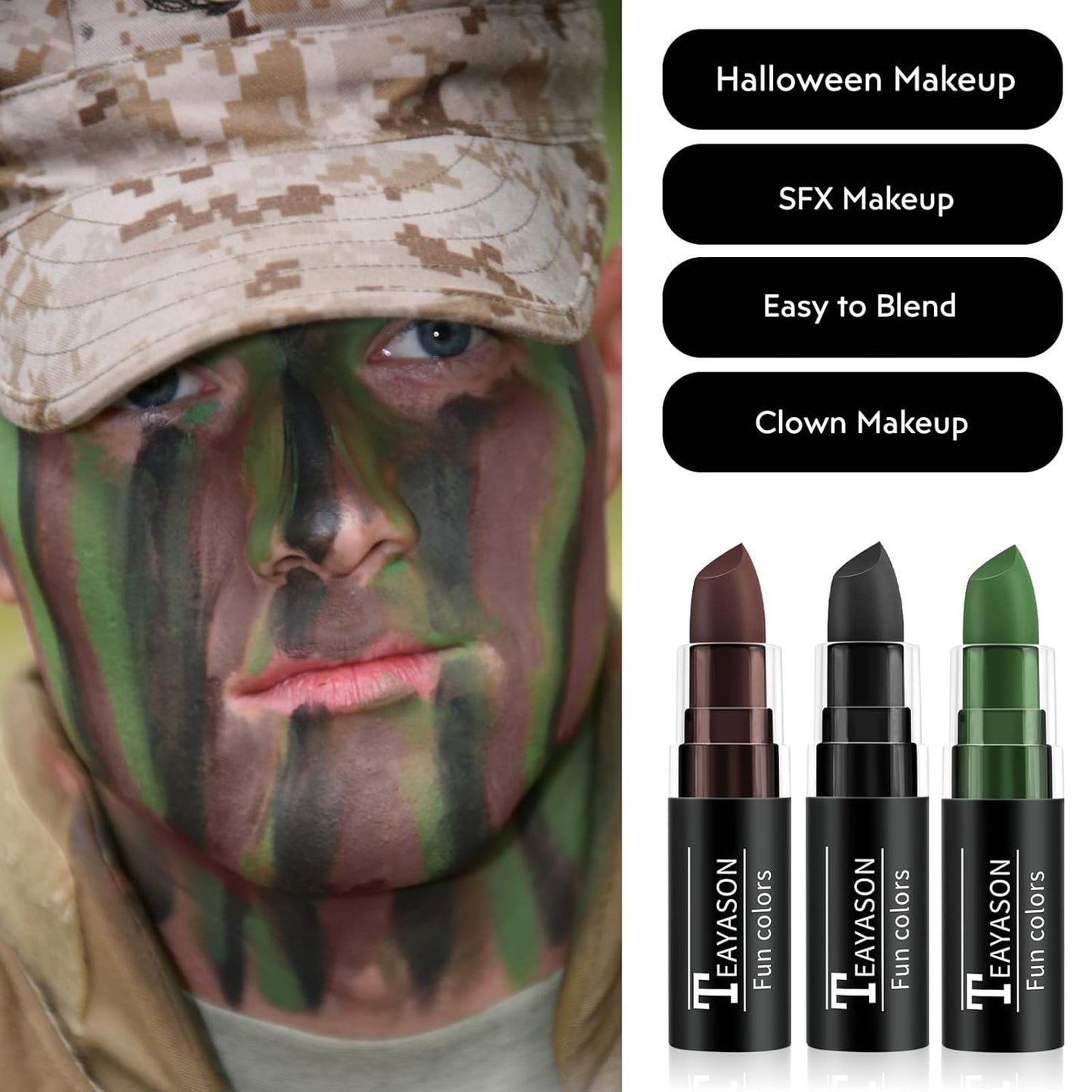 Black Brown Green Face Paint Halloween Makeup Kit, Matte Lipstick Set Football Baseball Eye Black Stick, Body Paint Face Makeup for Halloween Witch Deer Werewolf Face Camo Hunting