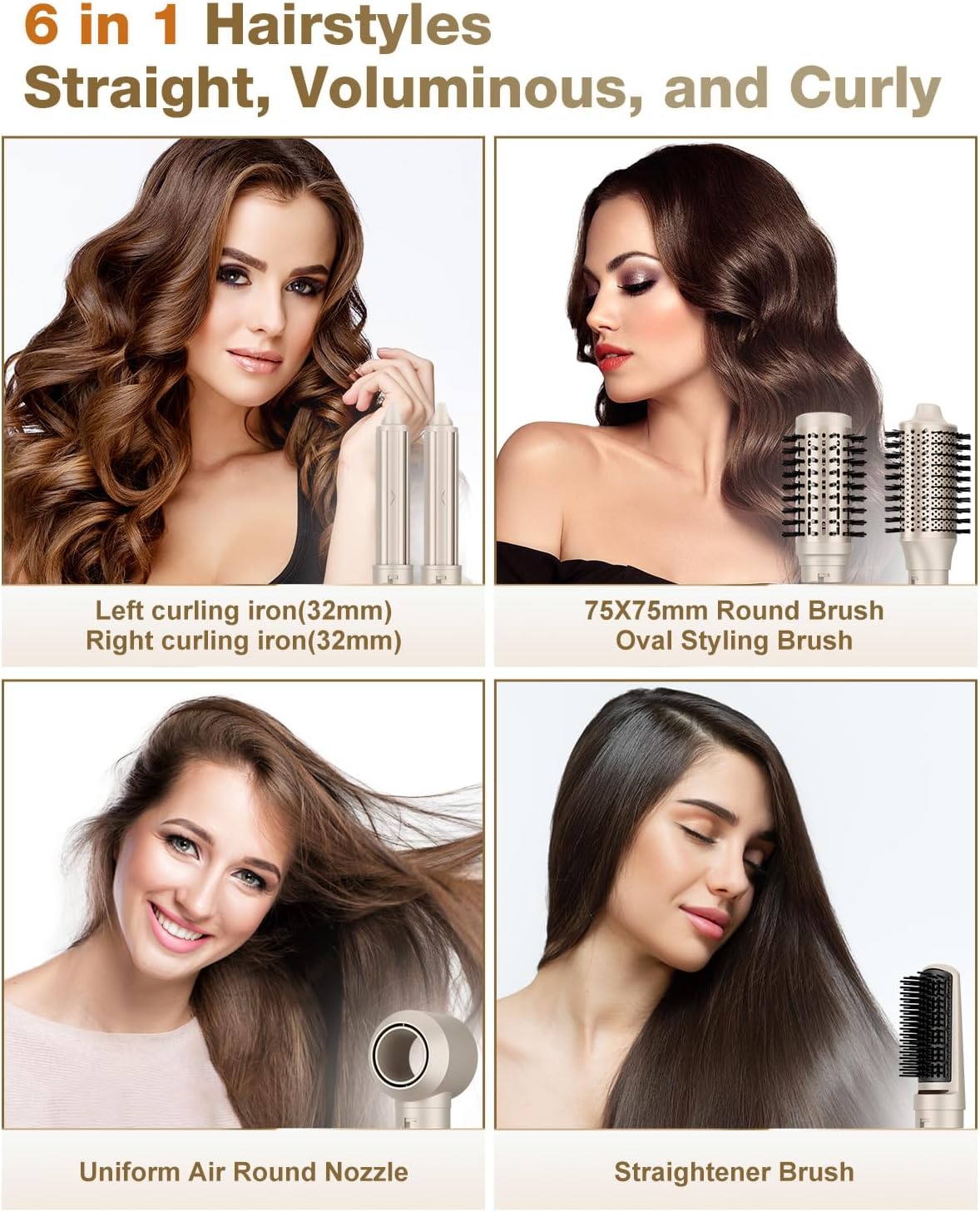 7MAGIC 6 in 1 Multi Hair Styler Dryer Brush, 110,000 RPM High-Speed, Negative Ionic, Fast Drying for Professional Blow Dry, Curling, Volumizing, Straightening and Styling, Gold