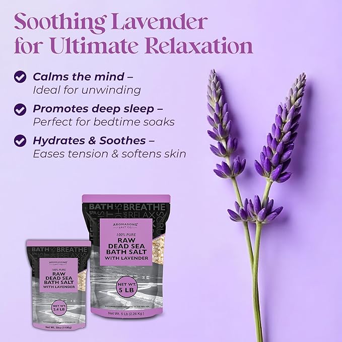 Aromasong RAW Dead Sea Salt with 100% Natural Lavender, 5 Lb, Not Cleaned, Still Contains All Dead Sea Minerals Including Dead Sea Mud, Fine Medium Grain Large Resealable Pack. (Packaging May Vary)