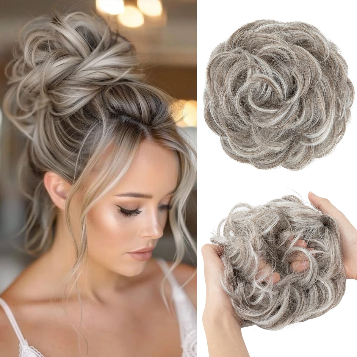 CJL HAIR Large Messy Bun Hair Piece Wavy Curly Scrunchies Synthetic Chignon Ponytail Hair Extensions Thick Updo Hairpieces for Women Polar Silver