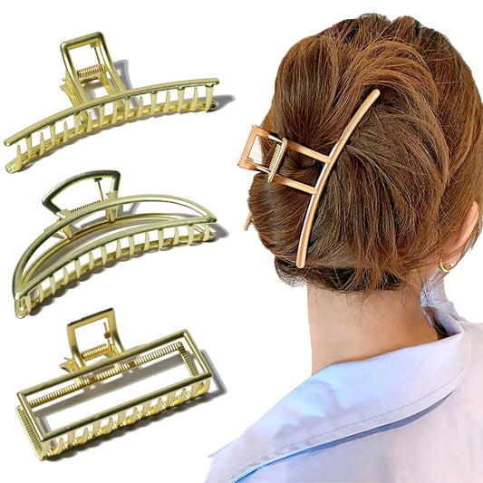 FAELBATY Hair Claw Clips, Large Gold Metal Strong Hold Hair Clips 4 Inch Non-Slip Hair Clips Accessories for Women 3 Styles - Butterfly, Claw, Hair Securing, Hairdressing, 3 Count