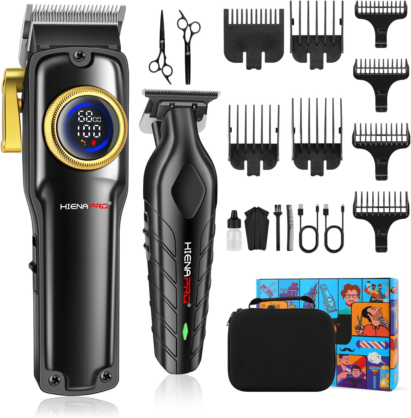 HIENA PRO Professional Hair Clippers Set for Men Cordless Barber Kit Hair Cutting Kit Rechargeable Clippers and Trimmers Set Clipper Set for Barbers with LED Display, Gifts for Men, (Black)