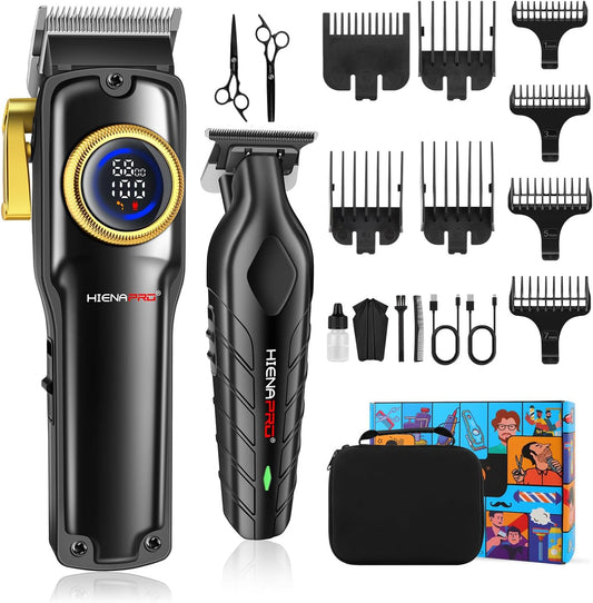 HIENA PRO Professional Hair Clippers Set for Men Cordless Barber Kit Hair Cutting Kit Rechargeable Clippers and Trimmers Set Clipper Set for Barbers with LED Display, Gifts for Men, (Black)