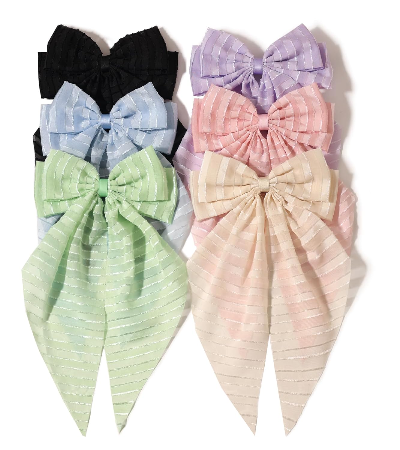 Furling Pompoms Hair Clip - Hair Bow Clip for Women, 6 Pieces, Large Hair Bows with Long Tail Tulle Striped and Ribbon Bows, Suitable for Many Occasions