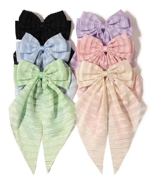 Furling Pompoms Hair Clip - Hair Bow Clip for Women, 6 Pieces, Large Hair Bows with Long Tail Tulle Striped and Ribbon Bows, Suitable for Many Occasions