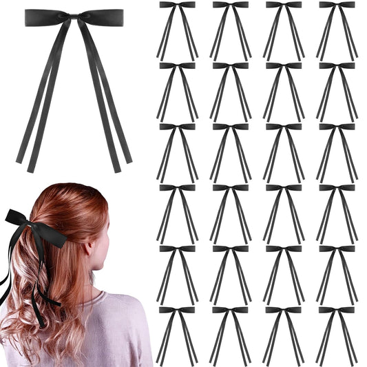 24 PCS Hair Bows Clips Ribbon,Mini Satin Hair Bows With Long Tail for Women and Girls Hairstyle Accessory Gift (Black)