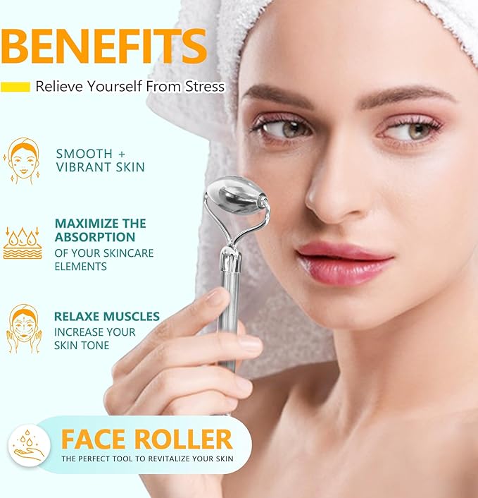 Stainless Steel Facial Roller - Metal Face and Eye Roller, Gua Sha Facial Tools Stainless Steel, Reduce Puffiness, Cooling Dual Sided Stainless Steel Facial Roller Massager